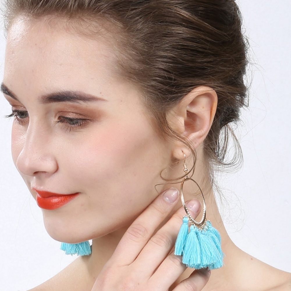 BE3 | Boho Hoop Turquoise Cotton Tassel Earrings
